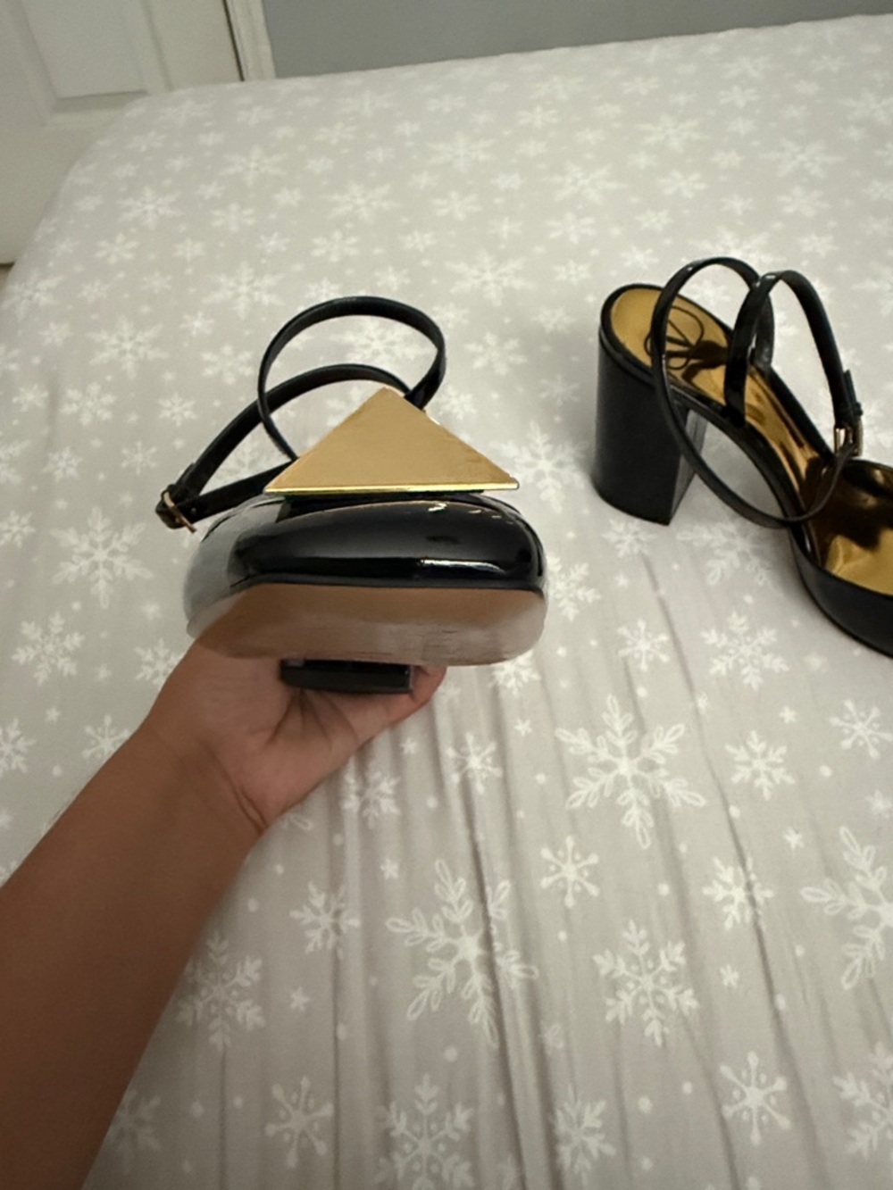 Valentino Black Patent Slingback Pumps with Gold Pyramid Accent - Picture 9 of 15